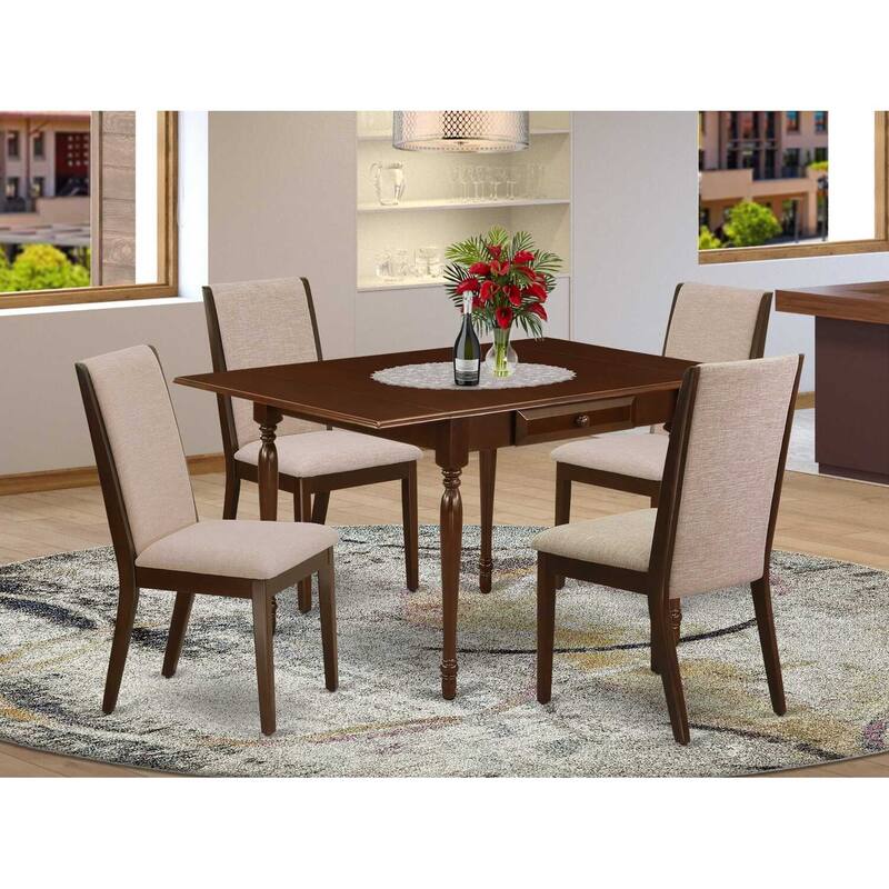 5-Piece Mahogany Finish Solid Wood Top - Rectangular Dining Room Set with Leaf - Seats 4