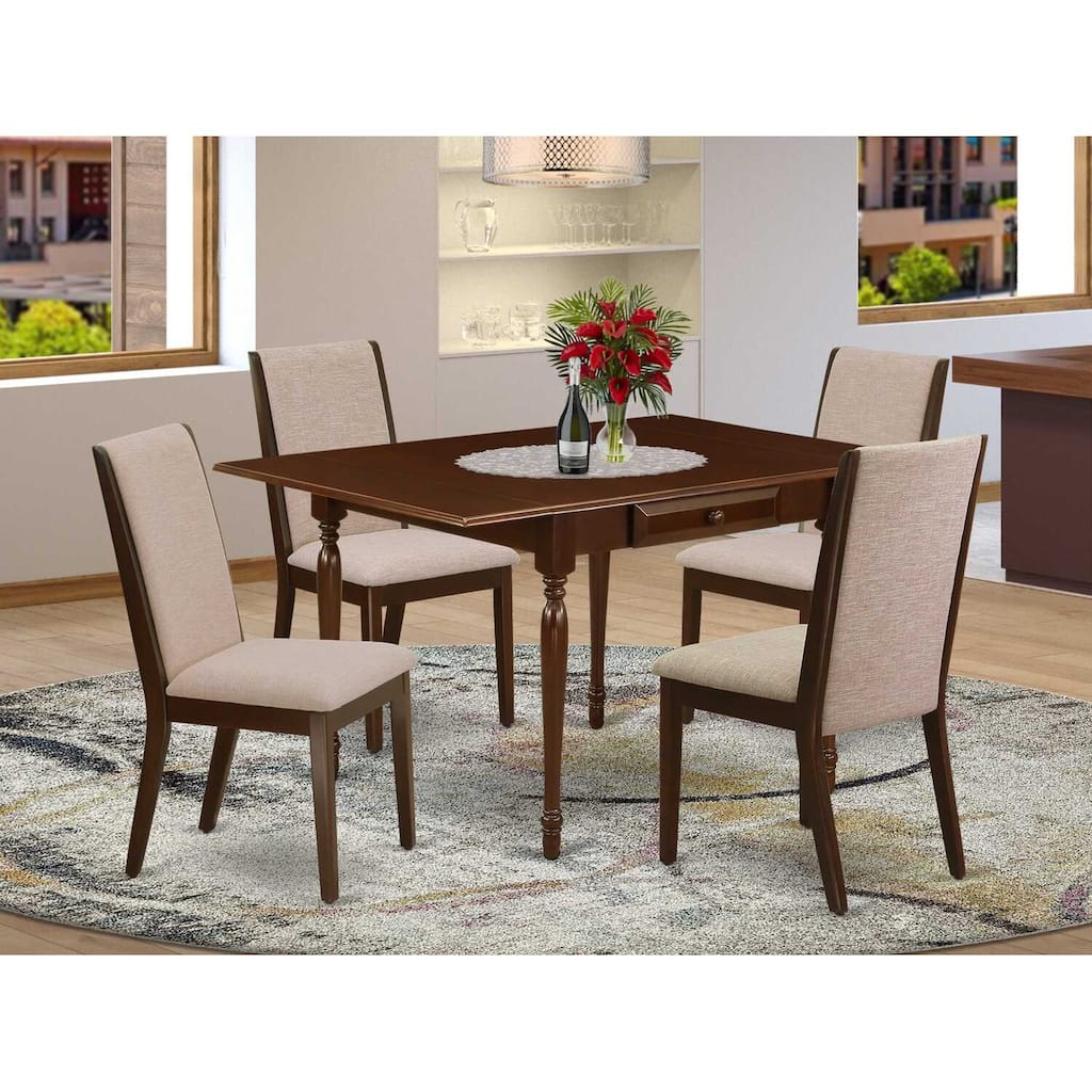 5-Piece Mahogany Finish Solid Wood Top - Rectangular Dining Room Set with Leaf - Seats 4