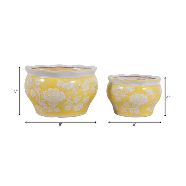 dimension image slide 1 of 3, Traditional Ceramic Chinoiserie Planters - Set of 2