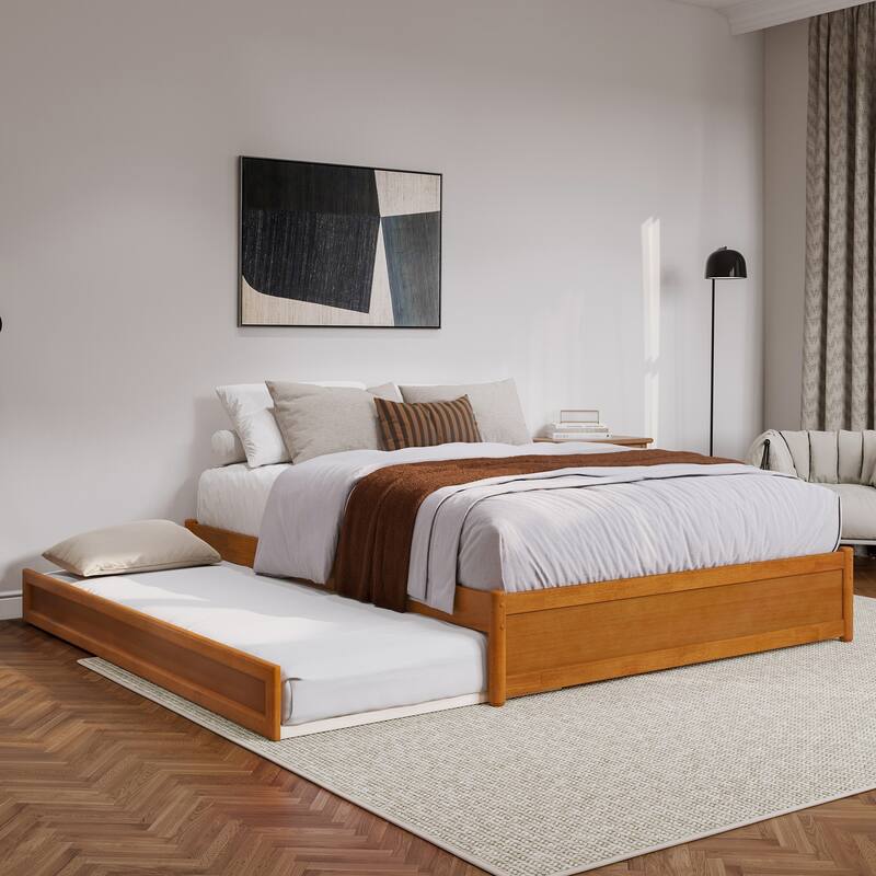 Barcelona Panel Platform Bed with Twin XL Trundle - Light Toffee - Queen