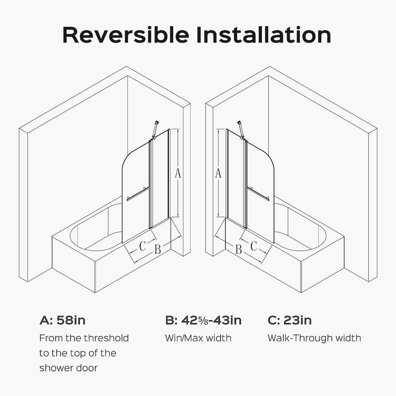43" W x 58" H Frameless Folding Bathtub Shower Door, 6mm Tempered Glass Pivot Tub Door, Brushed Gold Finish - 43x58"