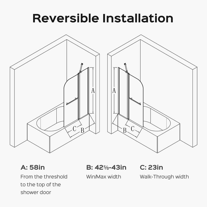 Topcraft 43“ W * 58” H Tempered Glass Frameless Shower Door