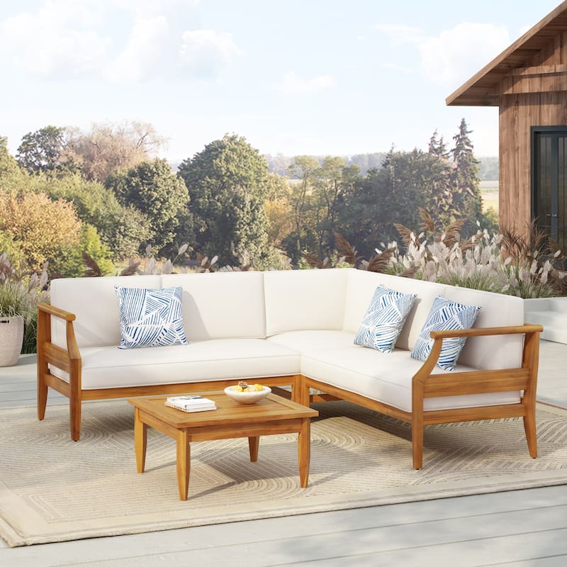 Aston Outdoor Acacia Wood Chat Set with Cushions by Christopher Knight Home - 3 PCS - Teak Finish+Cream Cushion