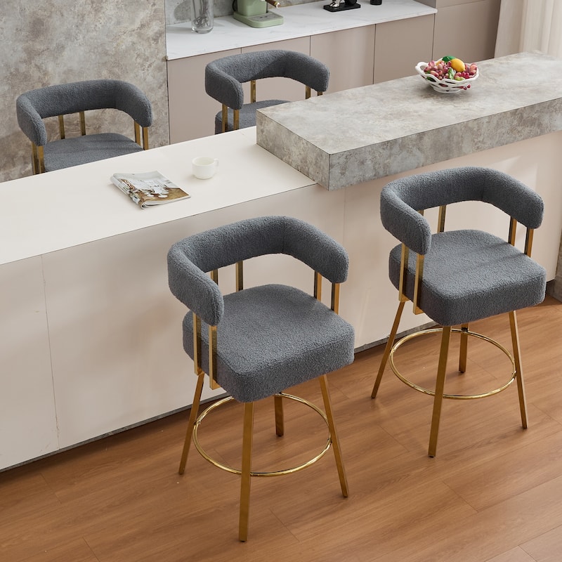 Set of 2 Modern Side Chairs, Gray Teddy Fleece with Gold Metal Legs & Foot Bar, for Living Room or Office