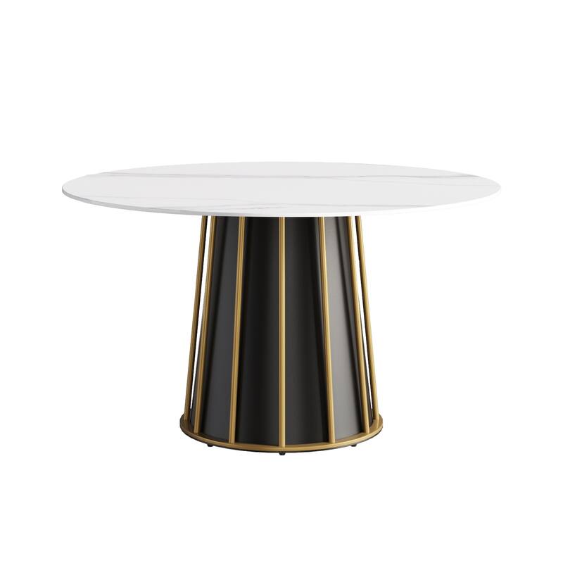 Modern 53" Round White Dining Table for 6 Person Marble Top Gold & Black Pedestal
