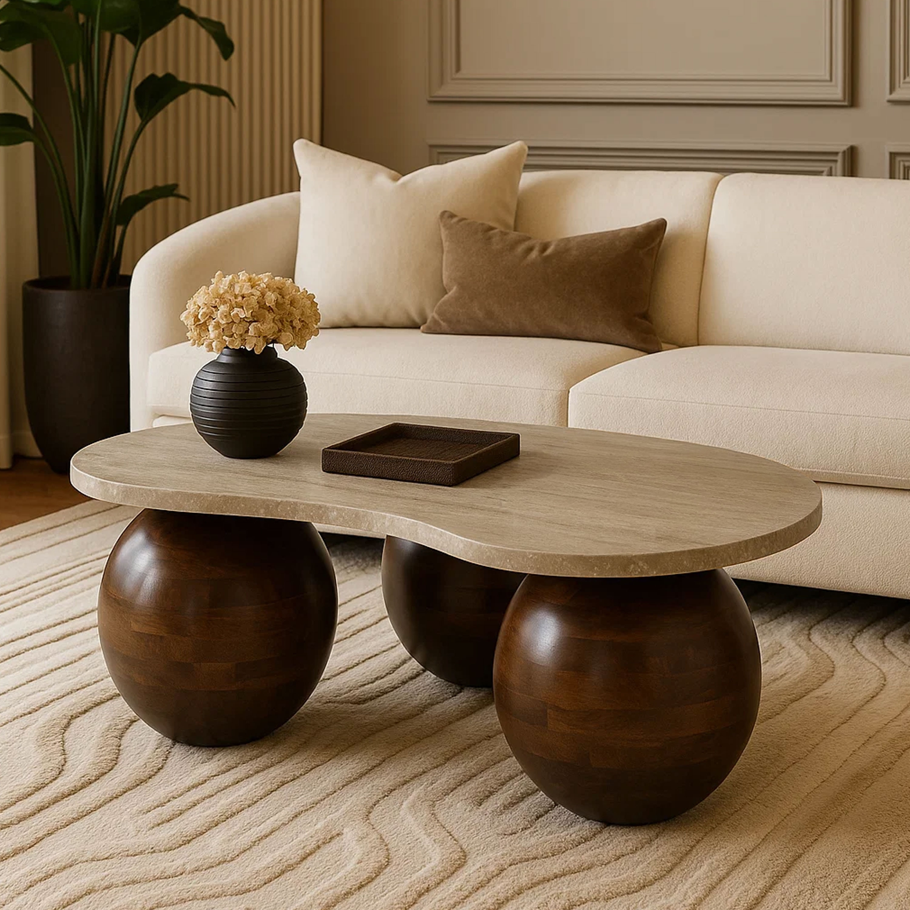 Resh Accent Coffee Table, Curved Natural Travertine Top, Round 3 Balls Wood Base