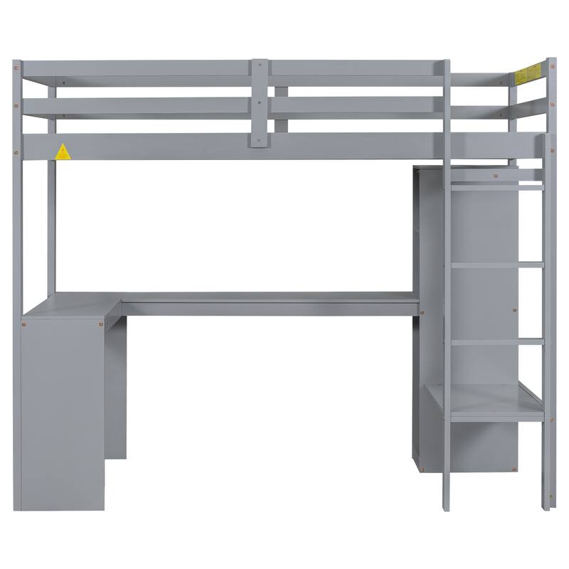 Solid Wood Loft Bed with L-shaped Desk & Storage