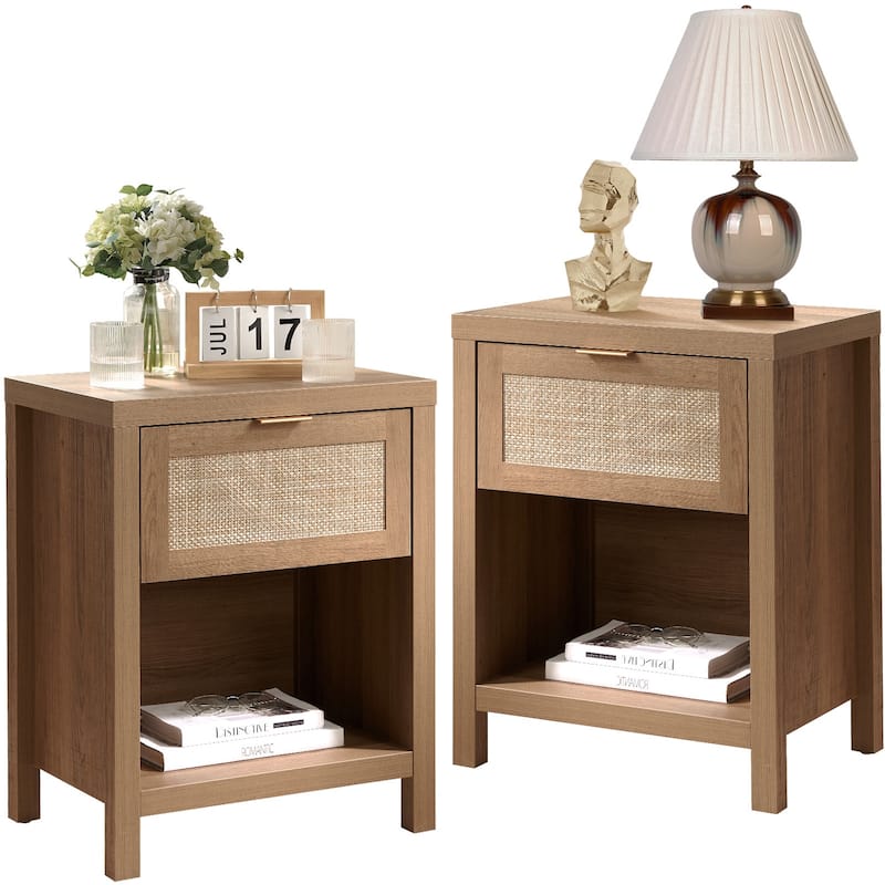 SICOTAS Farmhouse Rattan Nightstand Set of 2 with Drawer and Storage Shelf - Oak