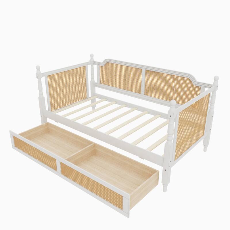 Rattan Frame Daybed with Pull-out Storage Drawers Bookcase Bed - Wooden Sofa Bed with Trundle Bed Platform Bedframe - Open Bed