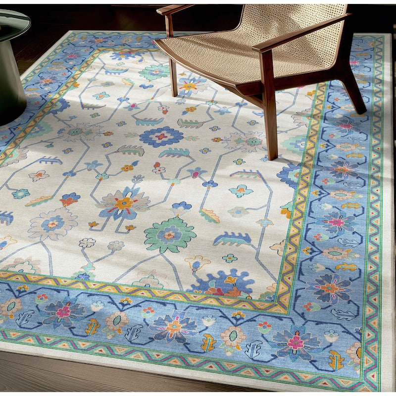 Well Woven Ushak Antalya Floral Modern Vibrant Flat-Weave Area Rug - 5'3" x 7'3" - Ivory Blue Multi