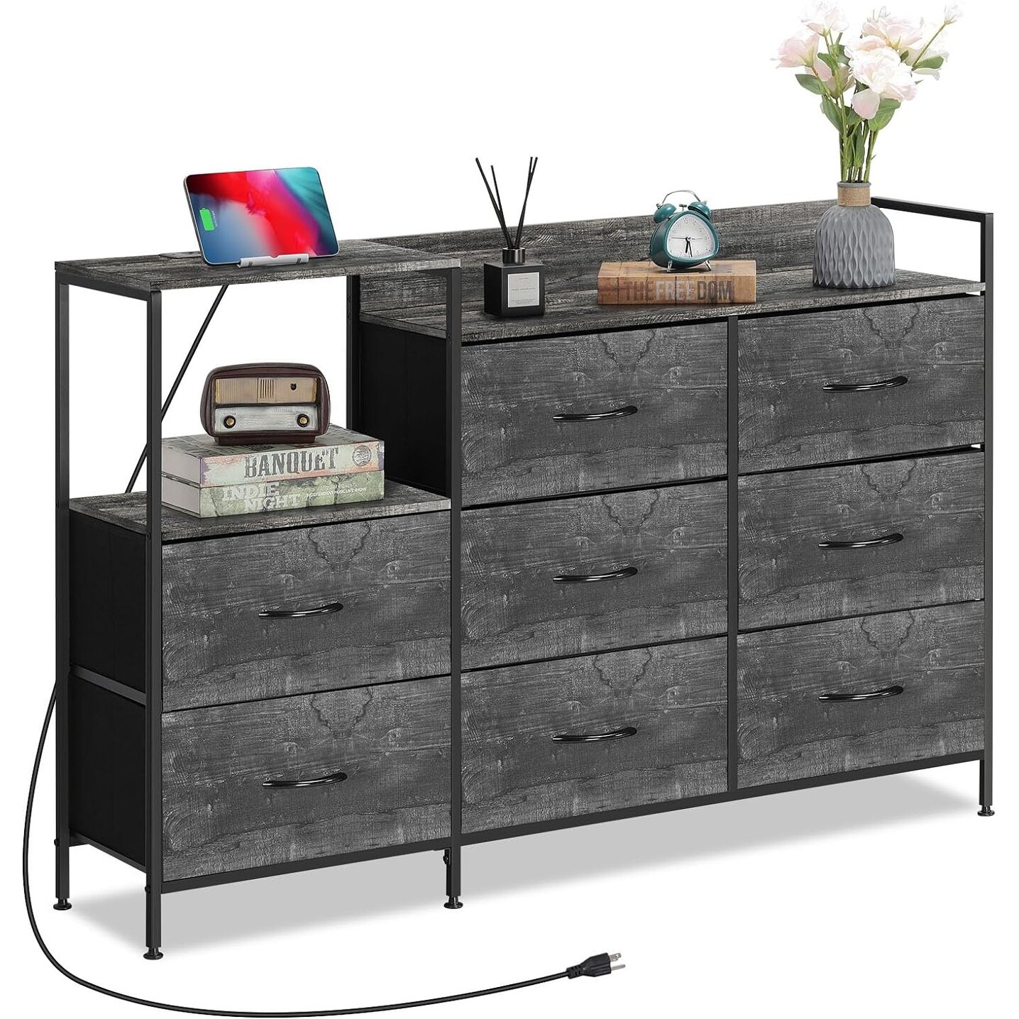 52'' Long TV Stand with 8 Storage Drawers and Open Shelves