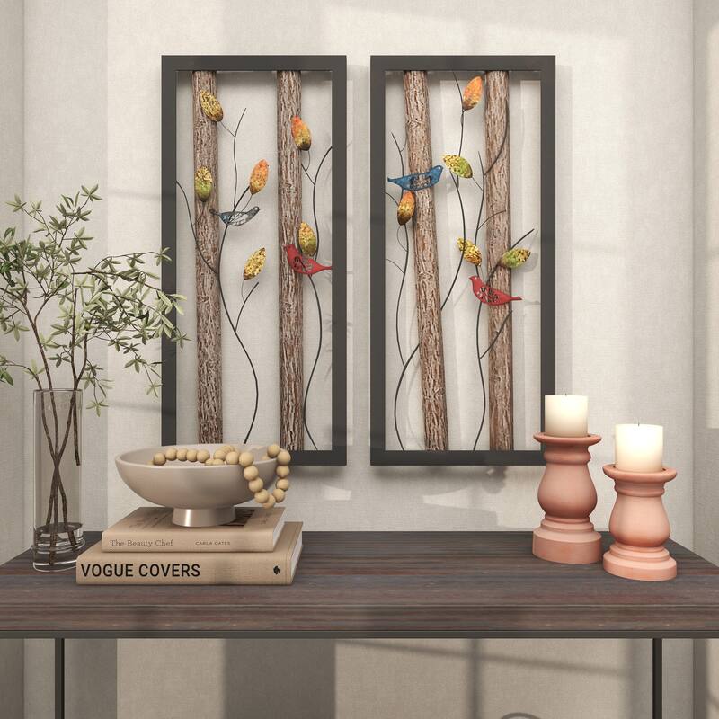 Black Metal Bird Wall Decor with Tree Branches and Colorful Leaves