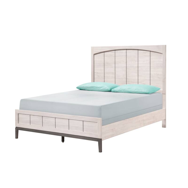 Contemporary Queen Panel Bed with Beige White Finish and Low Profile Footboard - Beige+White