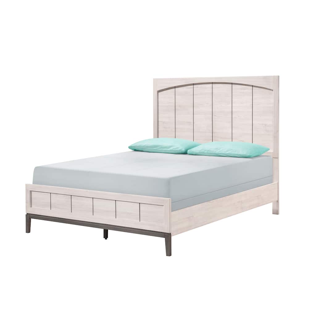 Contemporary Queen Panel Bed with Beige White Finish and Low Profile Footboard
