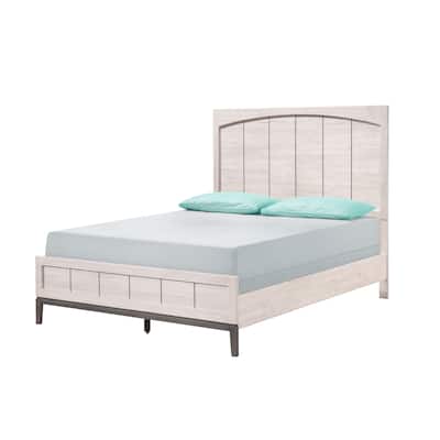 Queen Panel Bed with Tall Headboard, Beige/White Finish, Wooden Bedroom Furniture with Footboard and Slats