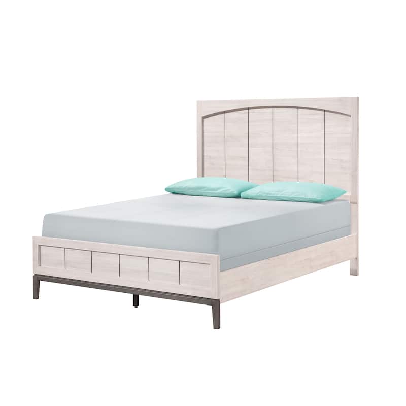 Queen Size Wood Panel Bed with Tall Headboard and Contemporary Design - Beige+White