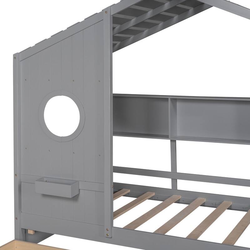 Twin Size Wooden House Bed with 2 Drawers and Storage Shelf