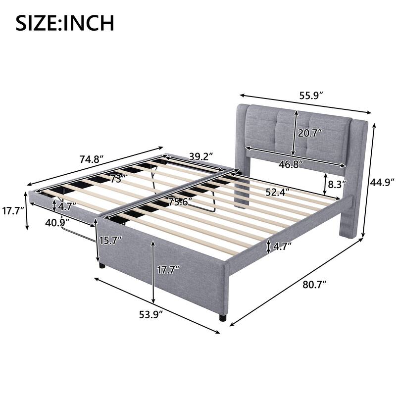 Roomfitters Full Size Upholstered Platform Bed with Convertible Trundle