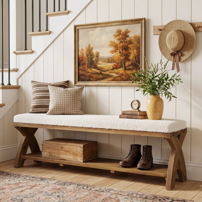 55'' Solid Wood Entryway Shoe Storage Bench with Cushion