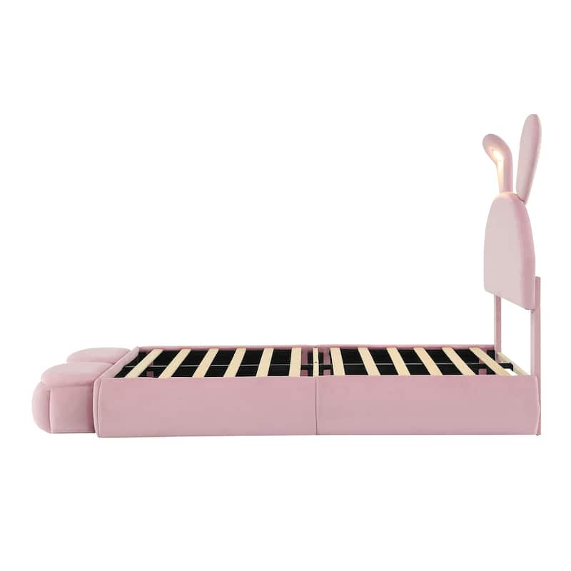 Twin Size Velvet Upholstered Platform Bed with Rabbit Shaped Headboard