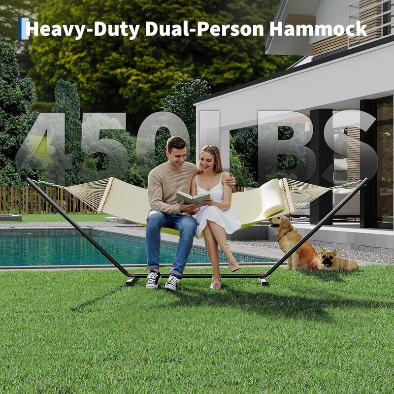 Heavy Duty Portable Double Hammock with Stand for Outdoor Patio, Garden, Beach, Backyard
