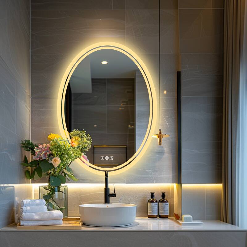 31.5” Oval Wall Backlit Bathroom Mirror Dimmable Makeup Mirror with 3 Lights, Anti-fog - 600x800mm
