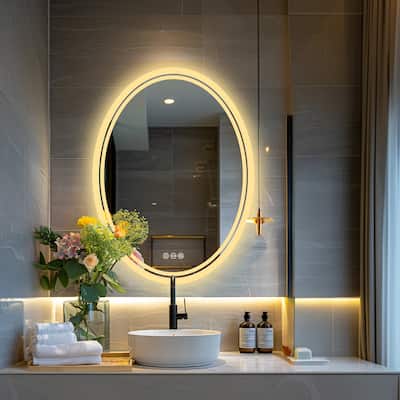 31.5” Oval Wall Backlit Bathroom Mirror Dimmable Makeup Mirror with 3 Lights, Anti-fog - 600x800mm