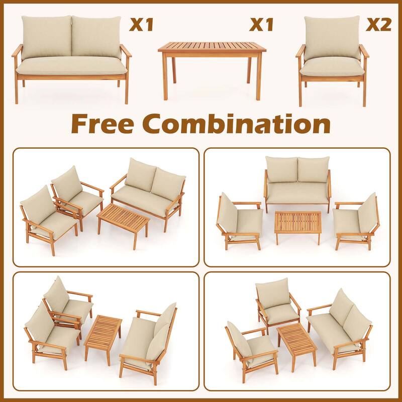 Gymax Set of 4 Patio Acacia Wood Furniture Set w/ Soft Cushions &