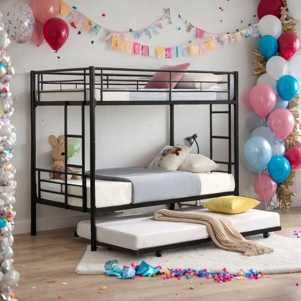 slide 2 of 13, Twin Bunk Bed with Trundle,Save Space or Split Into 2 Beds,Metal Frame Twin Bed Can be Divided Into Two Beds Black