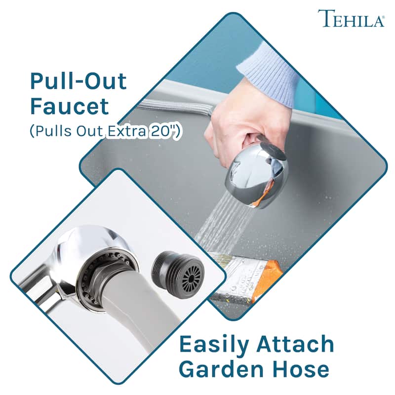 TEHILA 16 Gallon Space Saver Utility Sink – Grey Polypropylene, Freestanding, Stainless Pull-Out Faucet