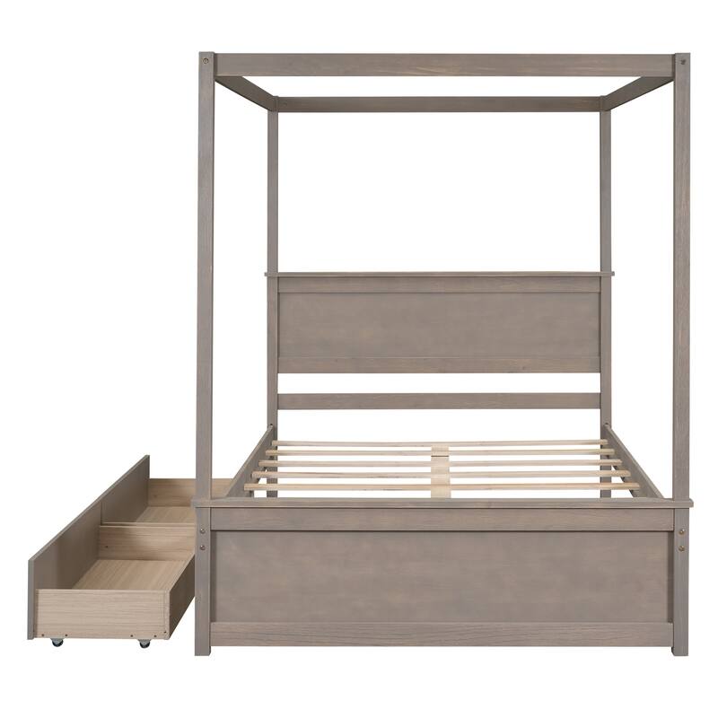 Wood Canopy Bed with 2 Drawers, Full Size Canopy Platform bed With Support Slats , No Box Spring