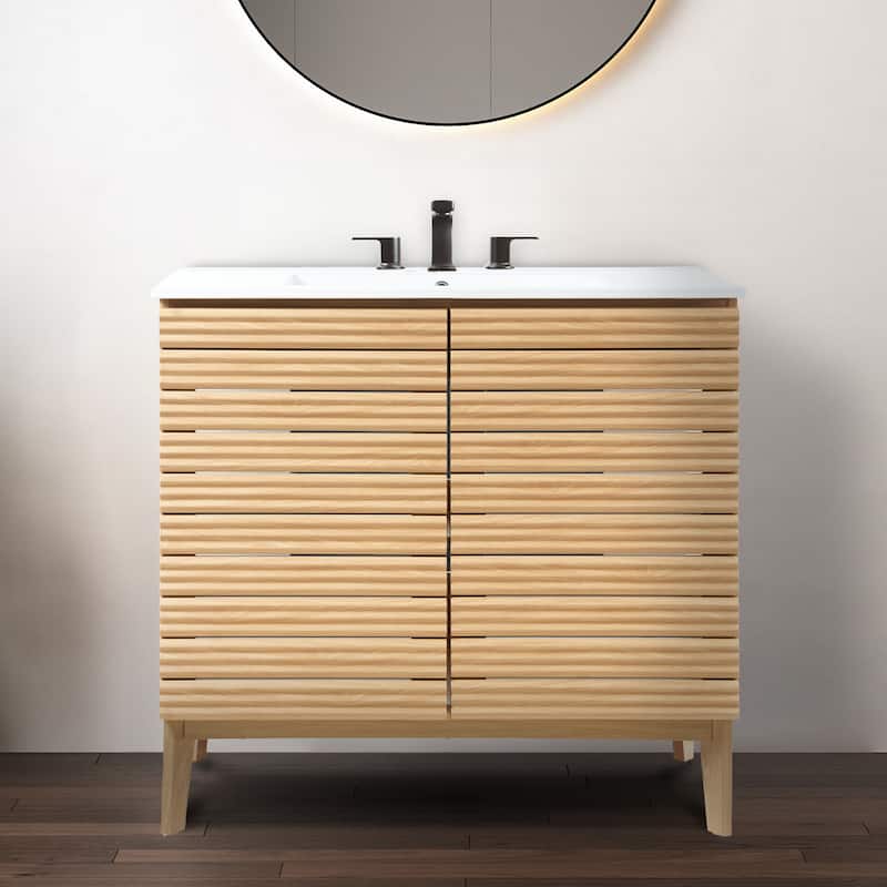 Javer Thin Linear Slat Modern Farmhouse 2-Shelf Bath Vanity Cabinet Only (Sink Basin not Included), by JONATHAN Y