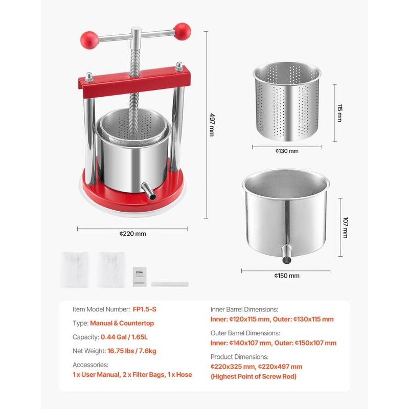 1.65L Stainless Steel Fruit & Wine Press Manual Juicer for Fresh Juice Wine and Olive Oil - 220x325 mm,