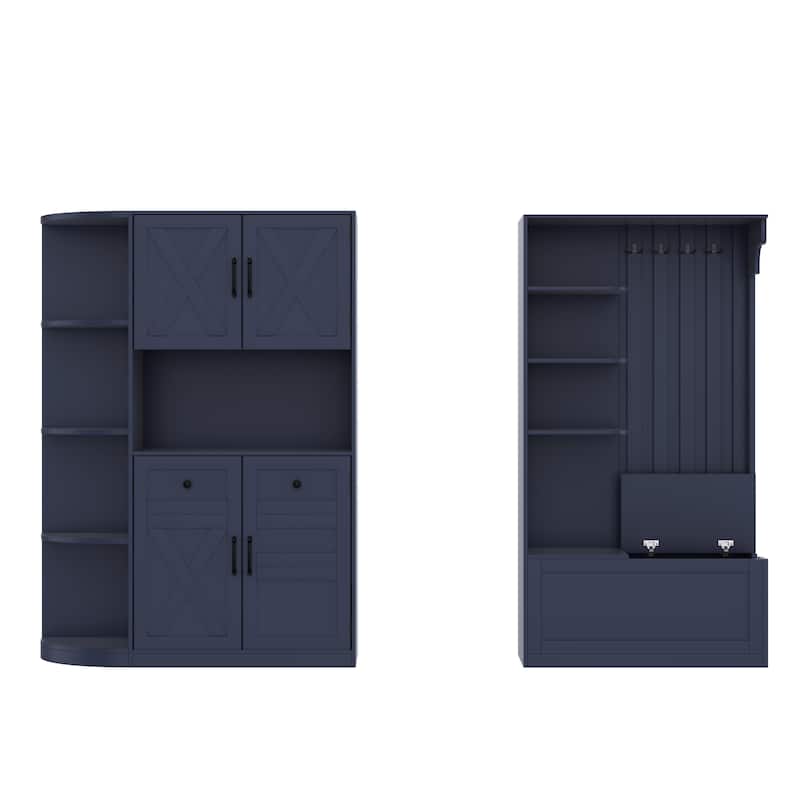 Hallway Cabinet Set with Shoe Storage & Coat Hooks, L-Shaped Entryway Storage Cabinet with Hidden Compartments