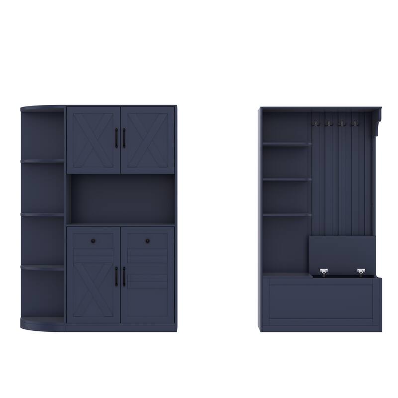 Roomfitters 2-in-1 Hall Tree and Storage Cabinet with Hooks and Shelves, Detachable Entryway Organizer for Living Room