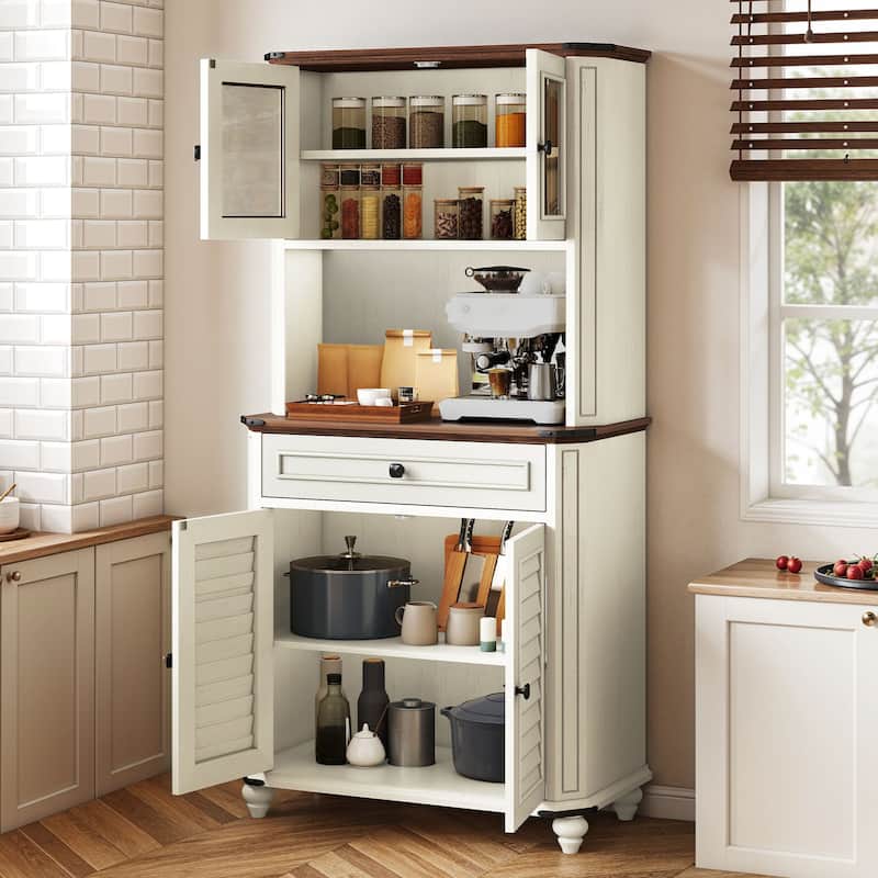 Moasis 67 Inch Farmhouse Kitchen Pantry Cabinet with Microwave Stand Charging Station and Ample Storage