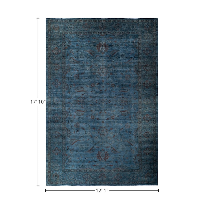 Overton Hand Knotted Wool Vintage Inspired Modern Contemporary Overdyed Blue Area Rug - 12' 1" x 17' 10"