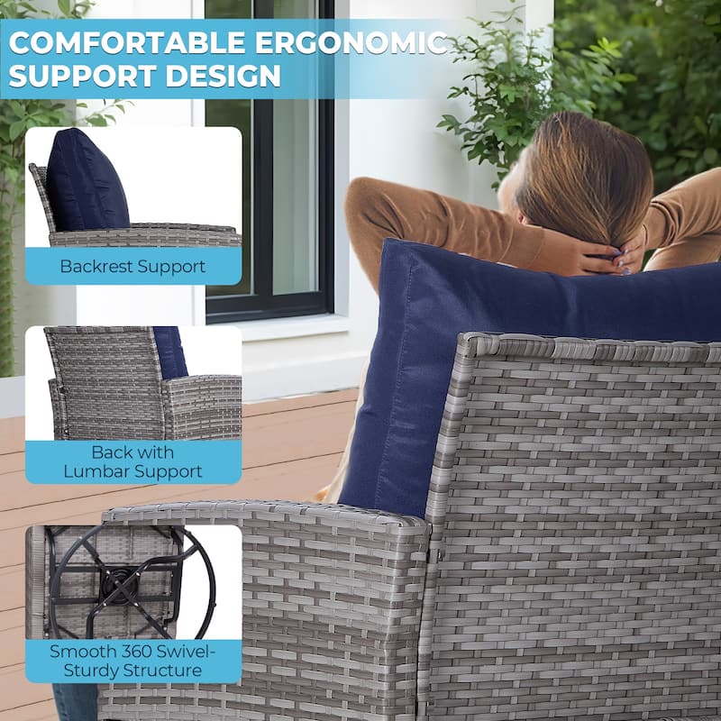 3-Piece Outdoor Swivel Chair Patio Set, 360°PE Rattan Chairs with Cushions, Glass Coffee Table
