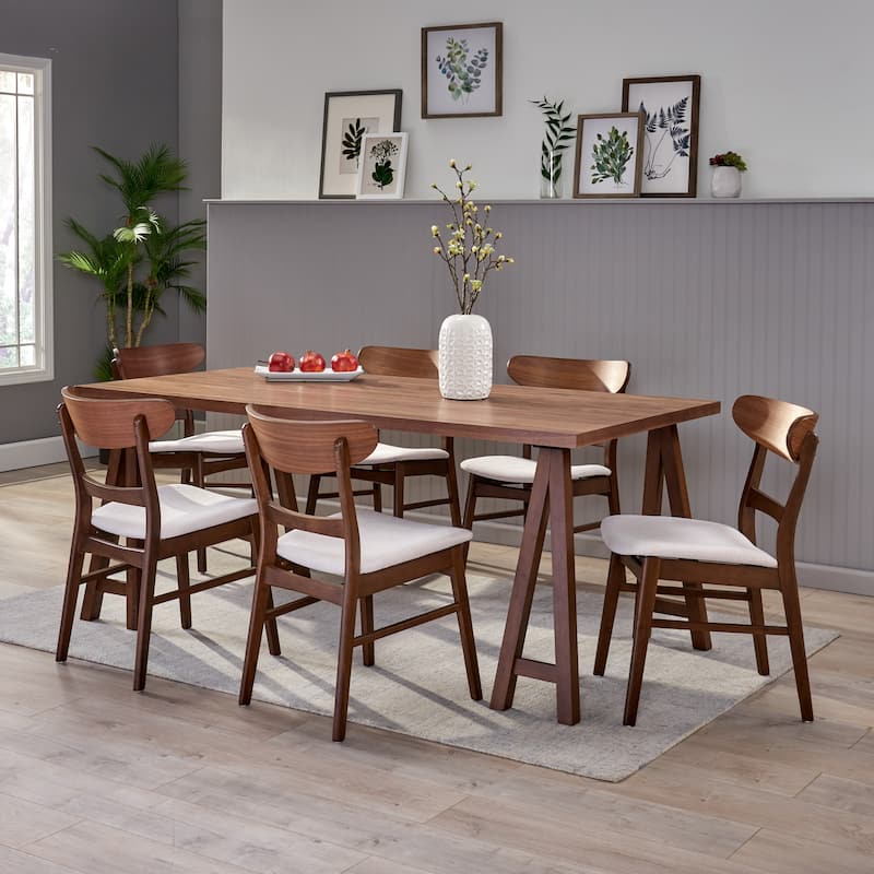 Idalia Mid-Century Modern 7 Piece Dining Set by Christopher Knight Home - Walnut + Light Beige