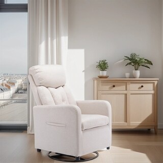 Linen Fabric Swivel Rocking Chair with Pocket and Metal Round Base ...