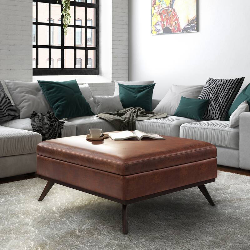 WYNDENHALL Ethan Mid Century Modern Table Ottoman - 40" D x 40" W x 19.1" H - Distressed Saddle Brown