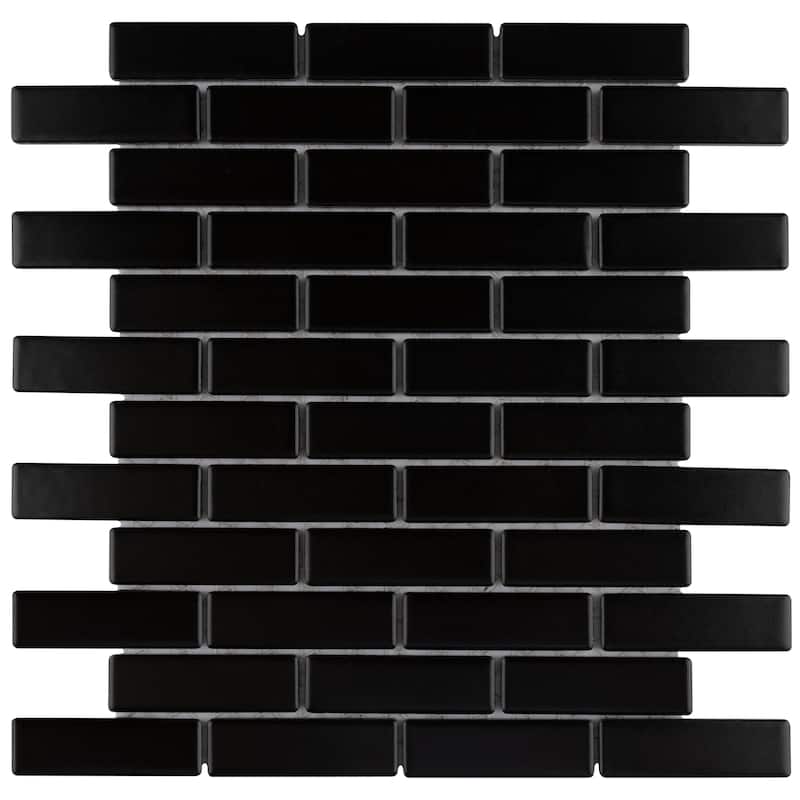 Merola Tile Metro Brick Subway Matte Black 11-1/2" x 11-3/4" Porcelain Mosaic Floor and Wall Tile - Case (10 Tiles)