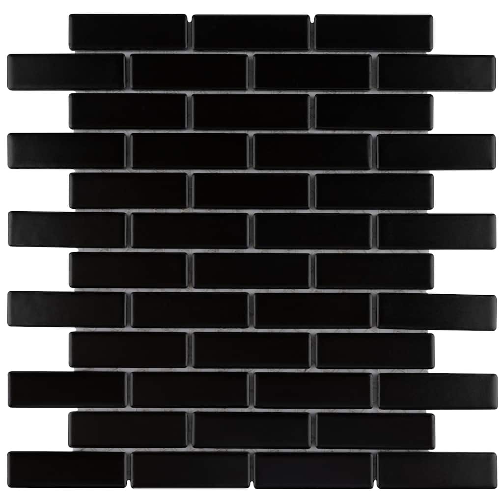 Merola Tile Metro Brick Subway Matte Black 11-1/2" x 11-3/4" Porcelain Mosaic Floor and Wall Tile