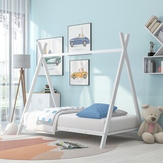 White Metal Twin House Bed Tent Frame with Slat, No Box Spring Needed