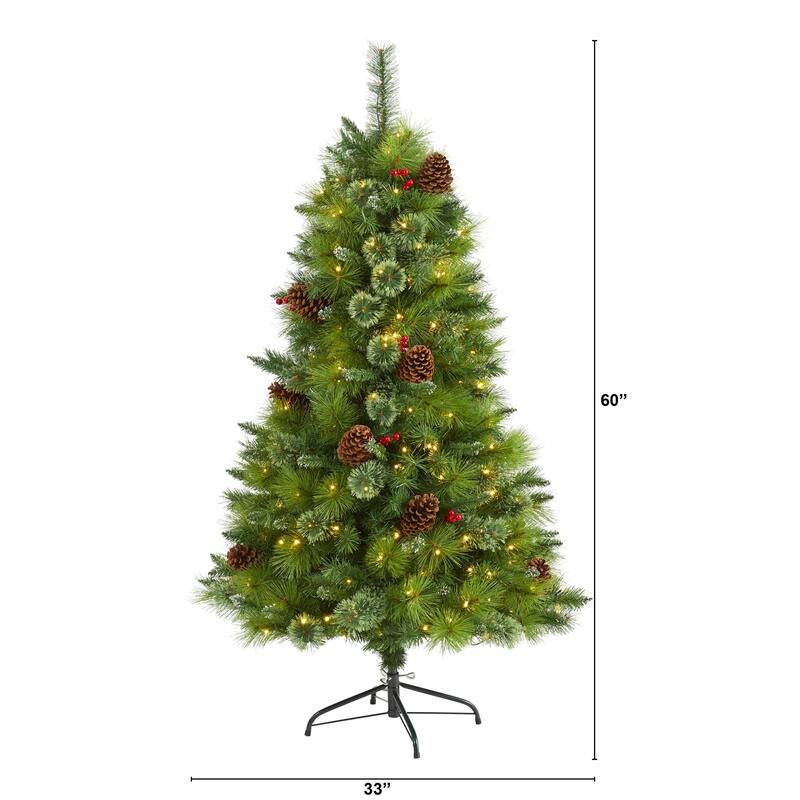 5ft Artificial Christmas Tree with Lights - Holiday Decor, Pine Cones & Berries, Festive Seasonal Tree - Green - 60