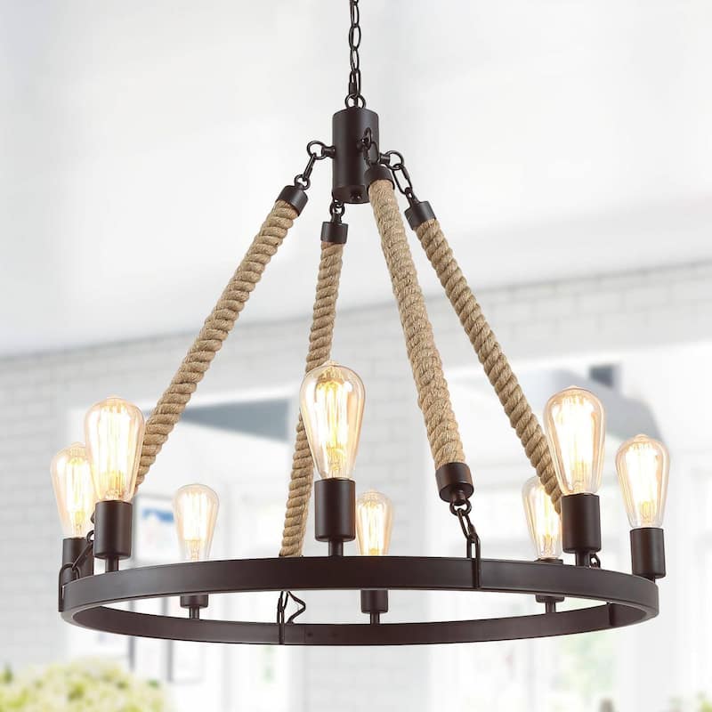 Farmhouse 8-Light Wagon Wheel Rustic Chandelier for Dining Living Room - 8-Light Wagon Wheel Chandelier