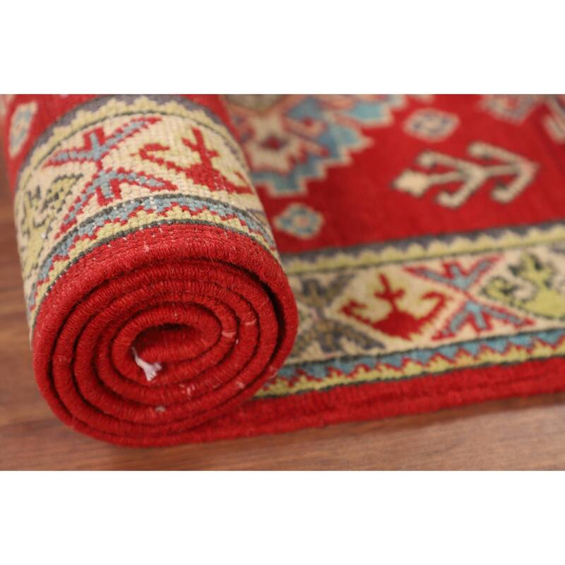 Red Geometric Kazak Oriental Runner Rug Handmade Wool Carpet - 2'1" x 5'10"