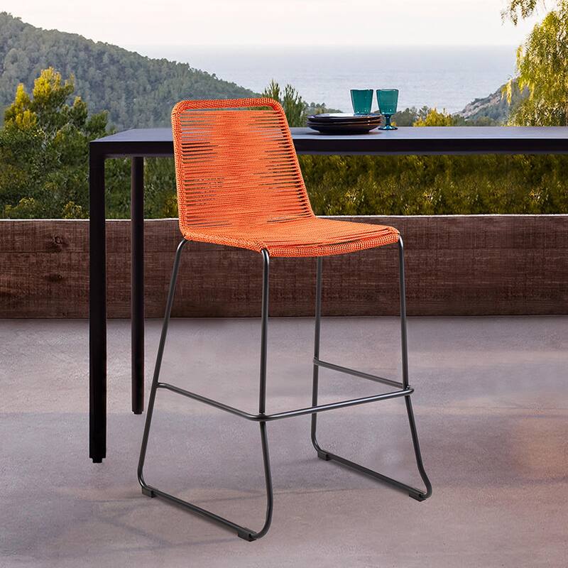 Shasta Black Steel and Rope Indoor Outdoor Bar Height Stackable Patio Bar Stools - Set of 2 - Bar Height