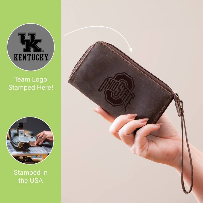 Brown Leather Cell Phone Wristlet Wallet, University of Kentucky - 4" x 7"