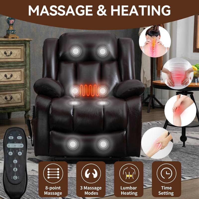 Brown Power Lift Recliner with Dual Motors, 8-Point Vibration Massage, and Heated Lumbar Support